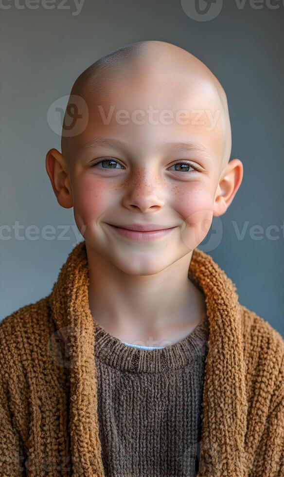 Resilient young boy with a radiant smile, battling illness with remarkable strength and grace photo