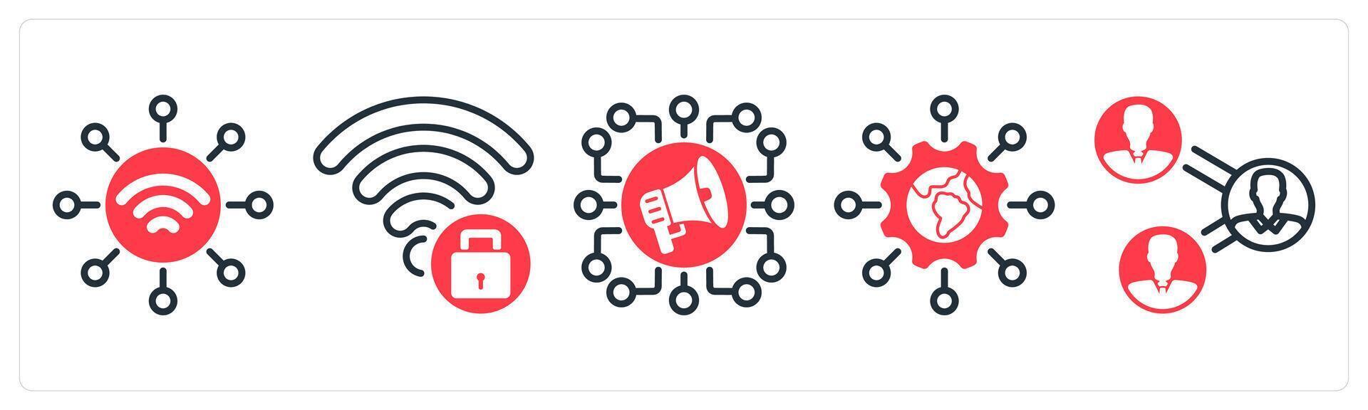 A set of 5 business icons as wireless network, wifi protection, social campaign vector