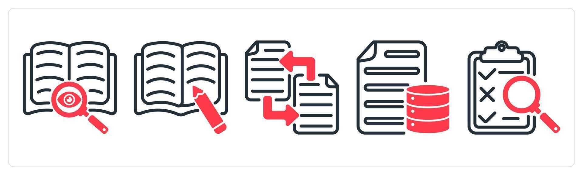 A set of 5 business icons as find content, article ariting, file transfer vector