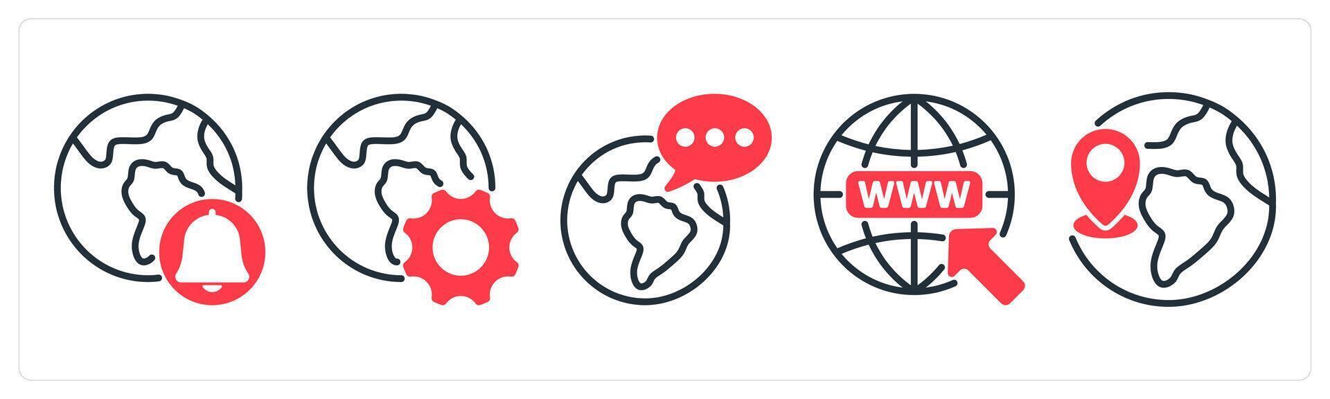 A set of 5 business icons as global notification, browser optimization, global communication vector