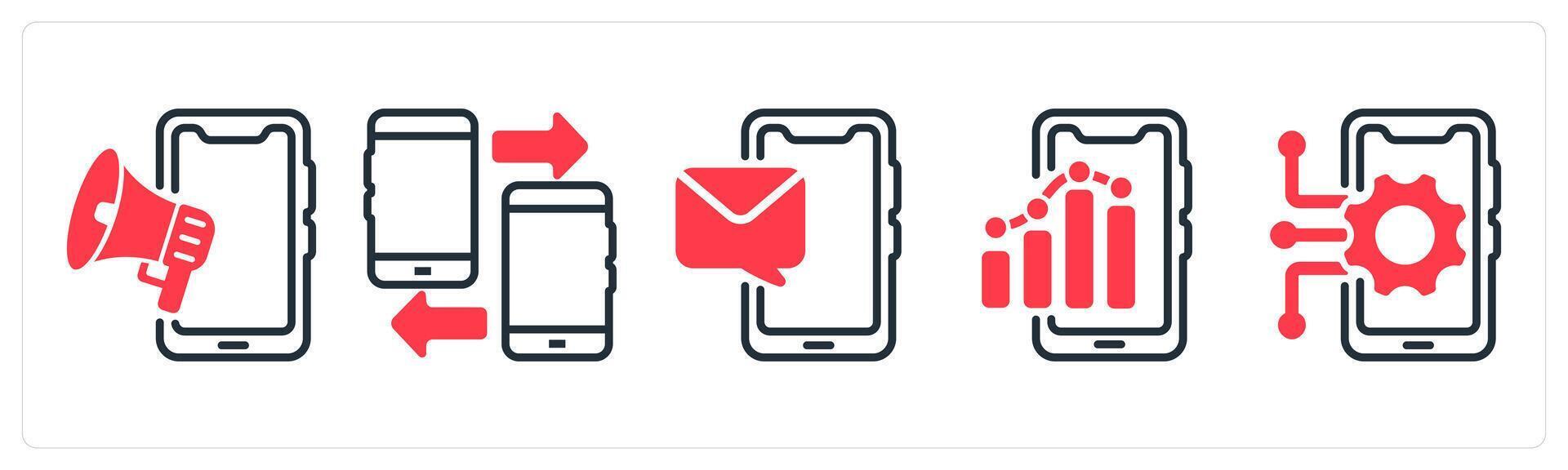 A set of 5 business icons as mobile advertising, mobile data transfer, mobile message vector