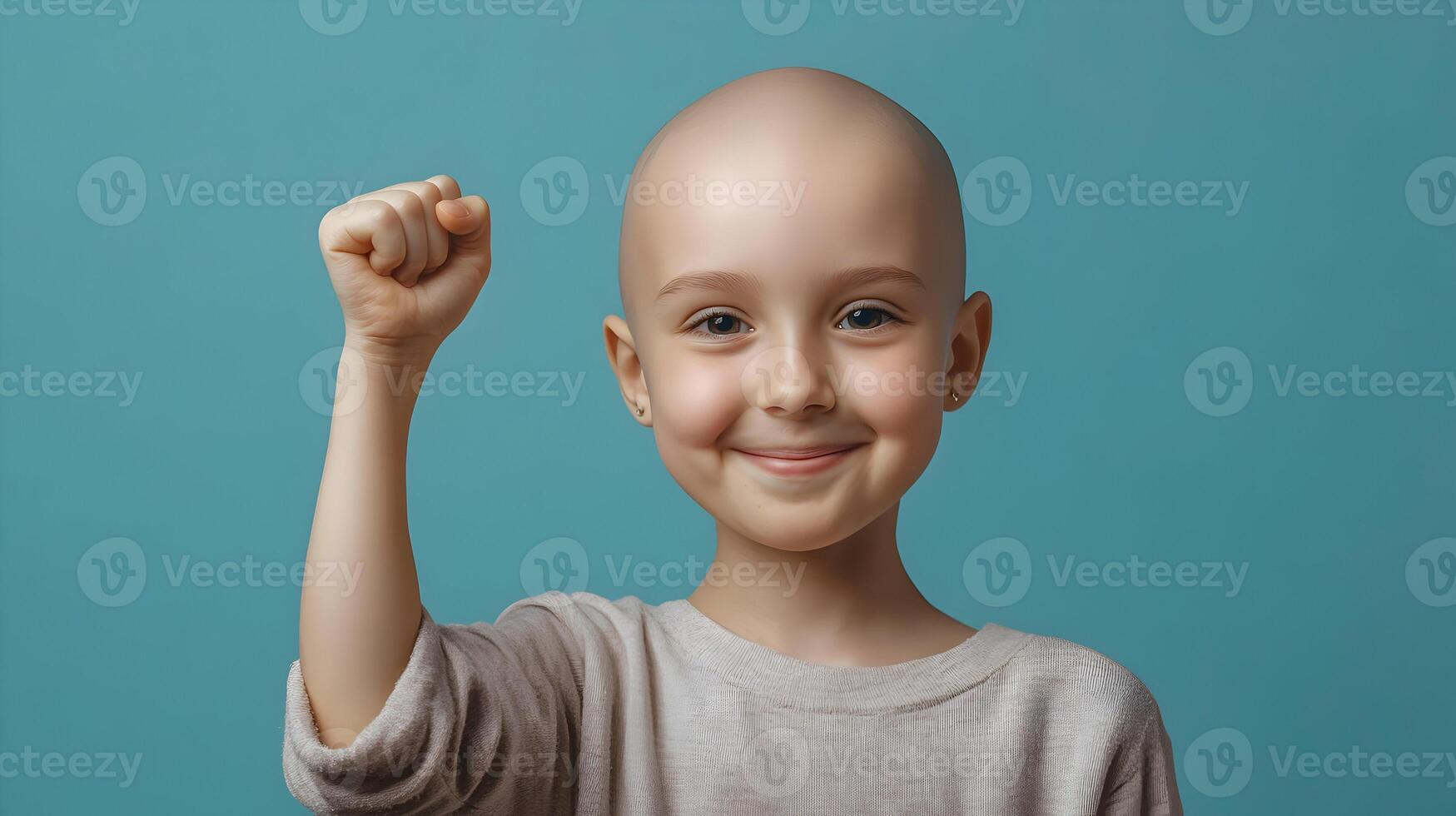 A child stands firm, eyes gleaming with an unwavering resolve on a teal backdrop photo
