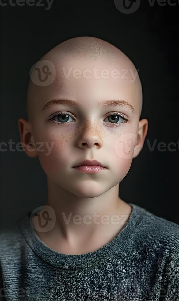 Portrait of a serene little boy with shaved head, showing strength during difficult times photo