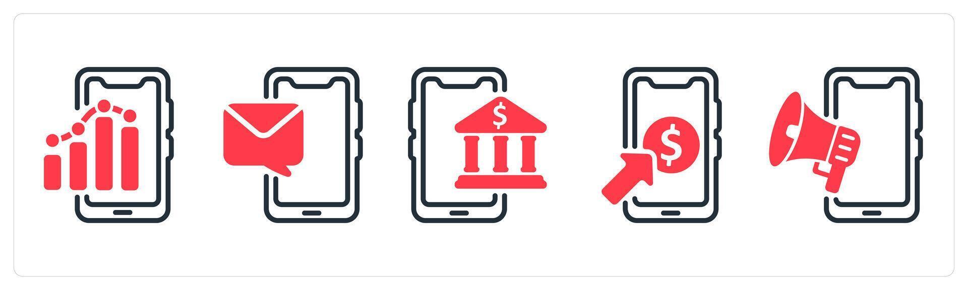 A set of 5 business icons as mobile report, mobile message, online banking vector