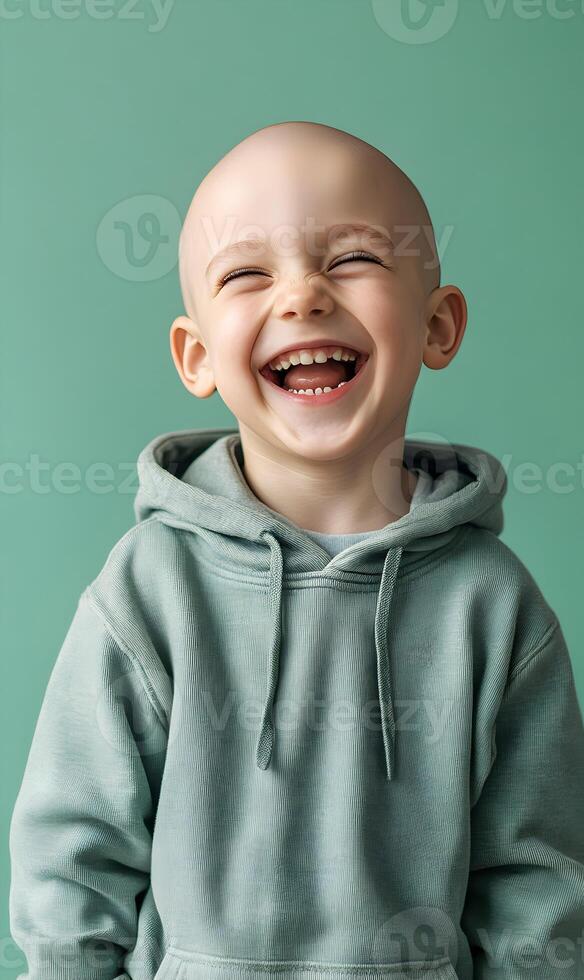 Radiant grin a portrait of a bald child exhibiting pure unfiltered happiness and joy photo