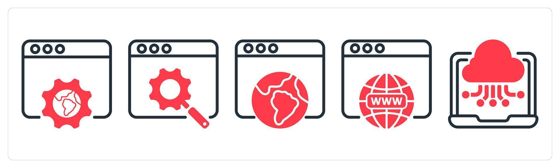 A set of 5 business icons as browser settings, search engine optimization, internet browsing vector