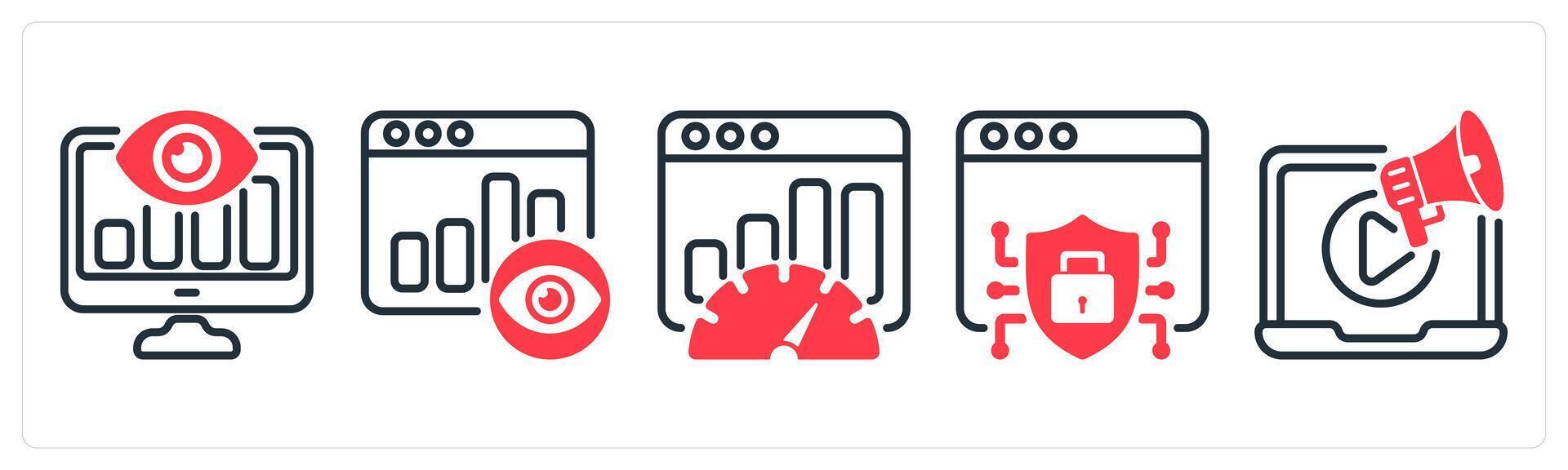 A set of 5 business icons as seo monitoring, page view, seo performance vector