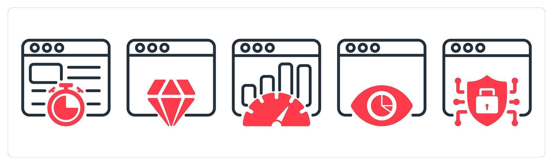 A set of 5 business icons as website speed, website reputation, seo performance vector