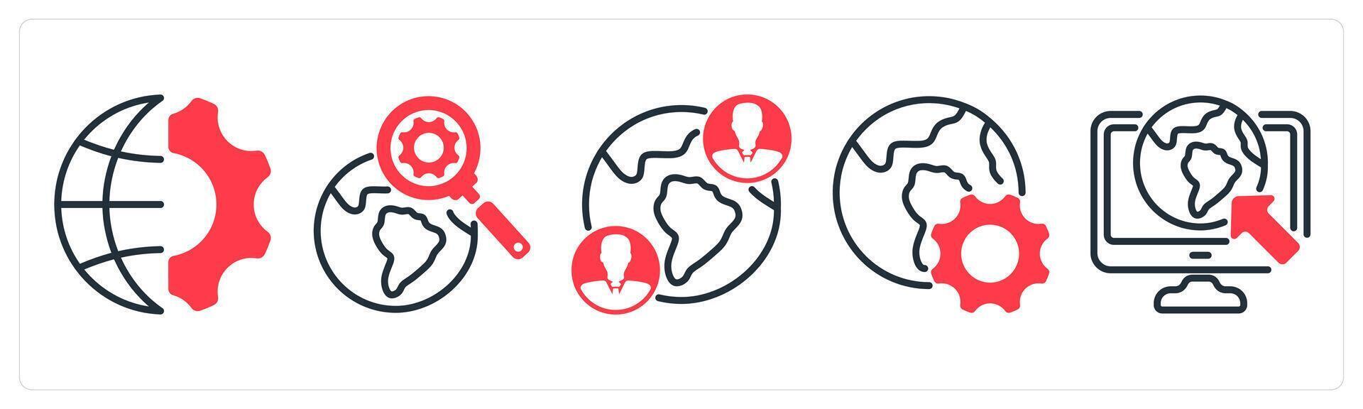 A set of 5 business icons as global engineering, search engine, global communication vector