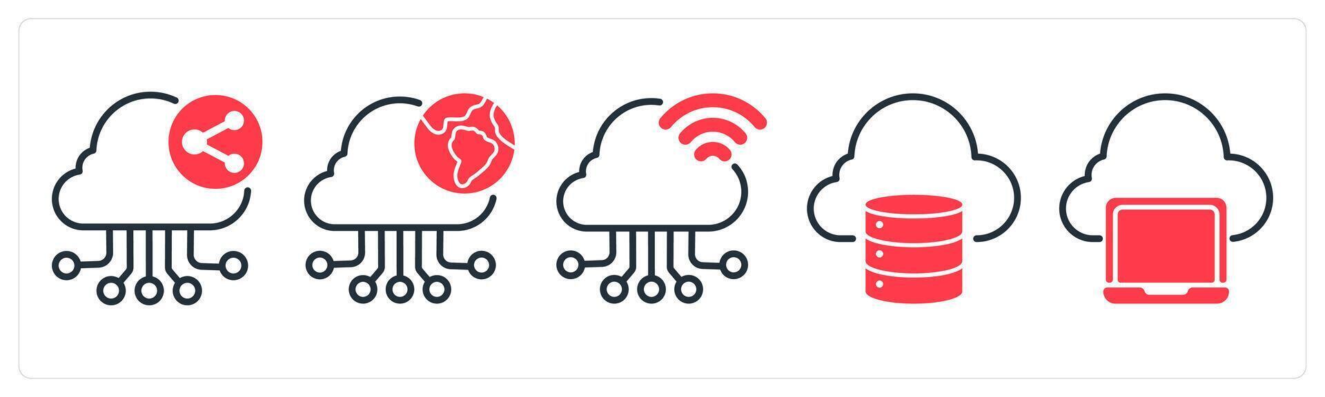 A set of 5 business icons as cloud network sharing, cloud research, cloud connection vector