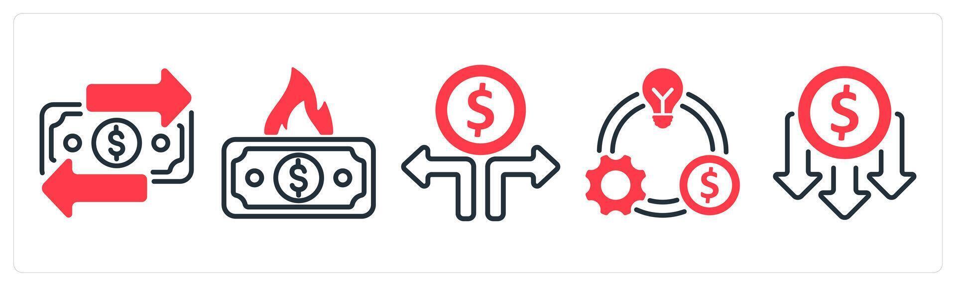 A set of 5 business icons as transaction, money burning, money decision vector