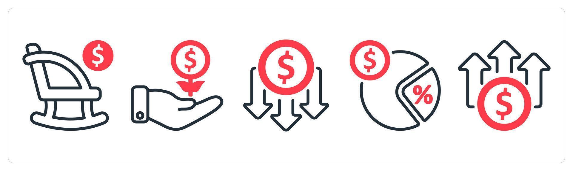 A set of 5 business icons as retirement, investment growth, lower cost vector
