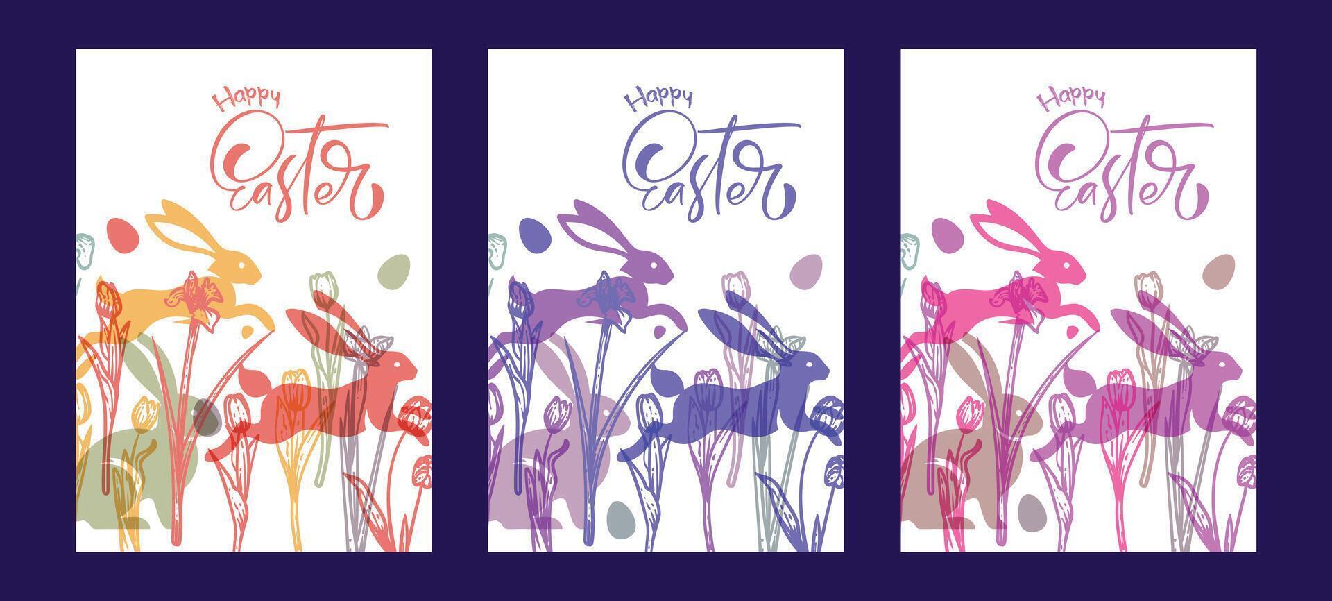 Elegant Easter A4 designs with hares, hand drawn line art tulips and eggs. Set of saturated colorful bunnies illustrations for social media, web and print projects. vector
