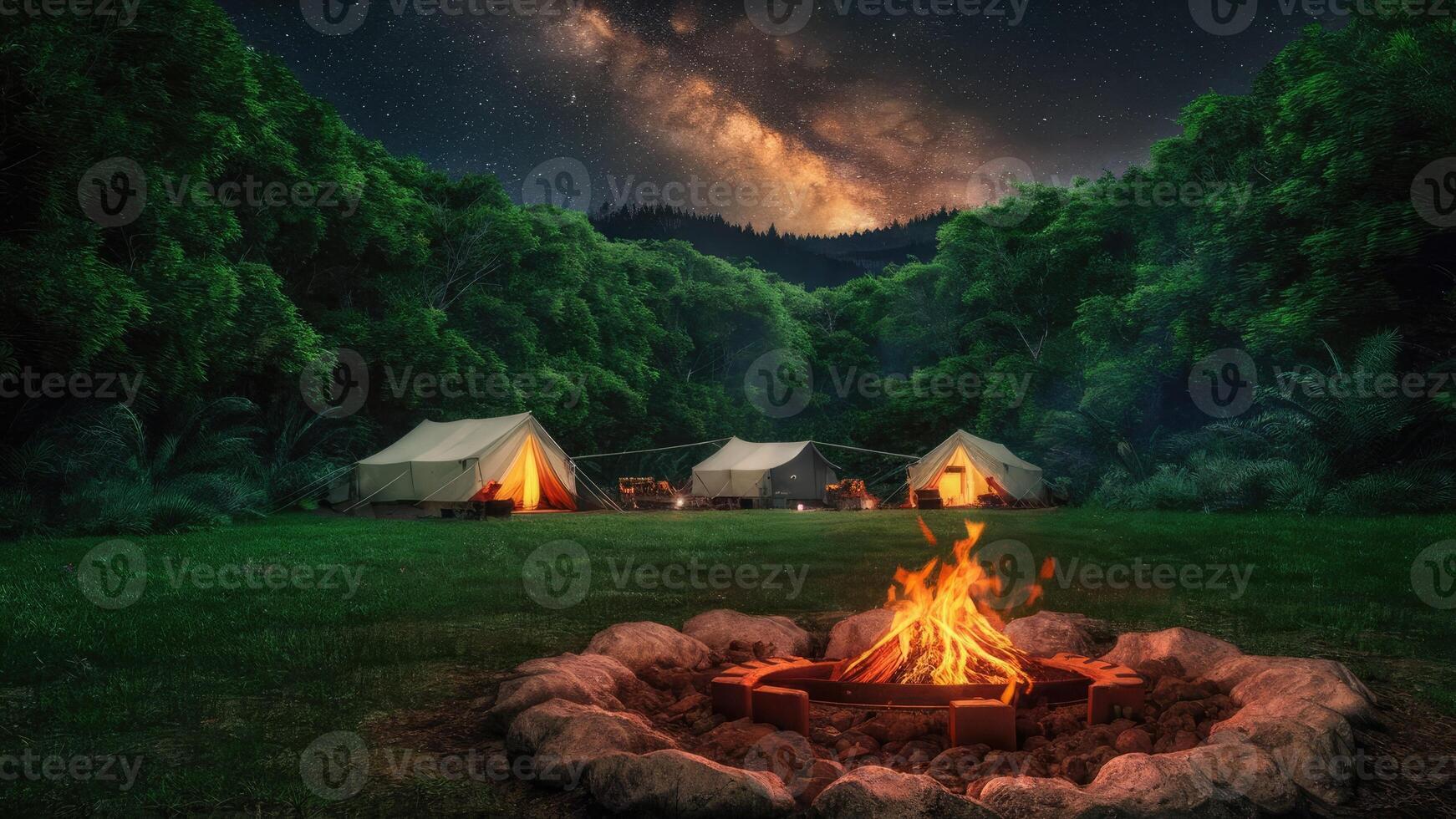 Wildeness Campsite with Bonfire in the forest photo