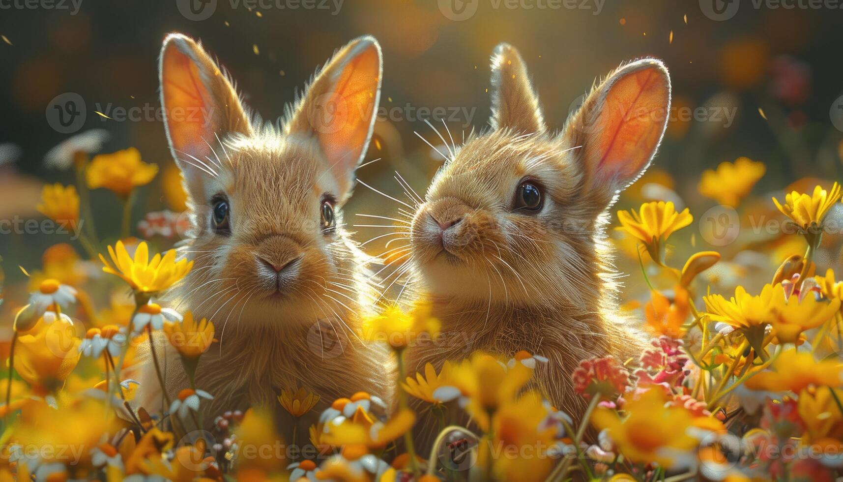 Two bunnies nestled amongst yellow flowers photo