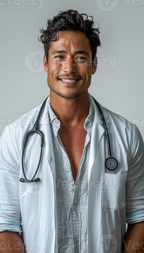 Male Doctor Wearing White Coat And Stethoscope photo