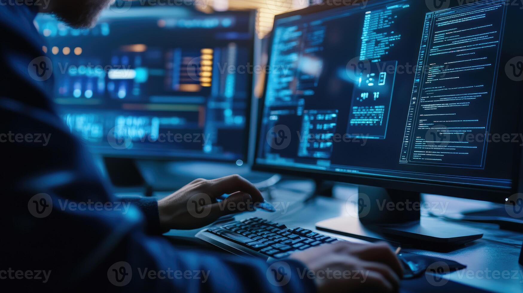 Person coding late at night on multiple computer photo