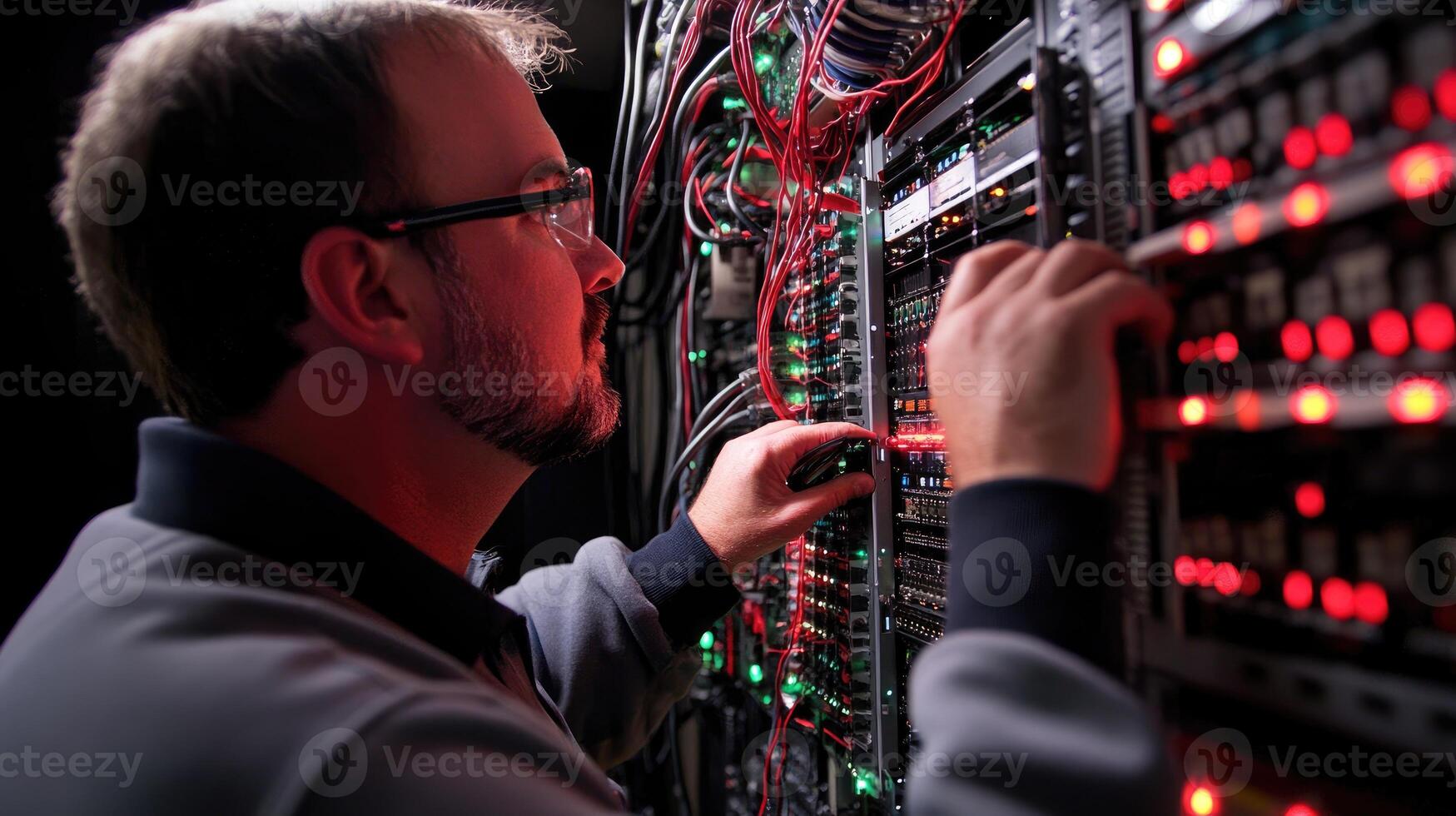 Technician working on server rack maintenance and repair photo