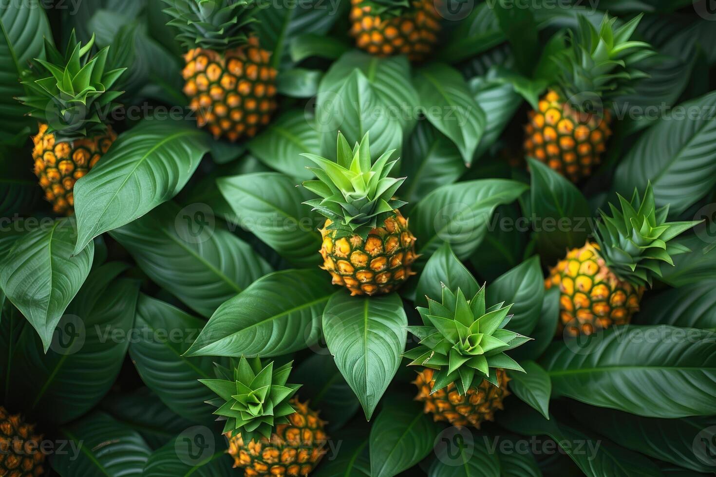 Lush Green Leaves Surround Multiple Ripe Pineapples photo