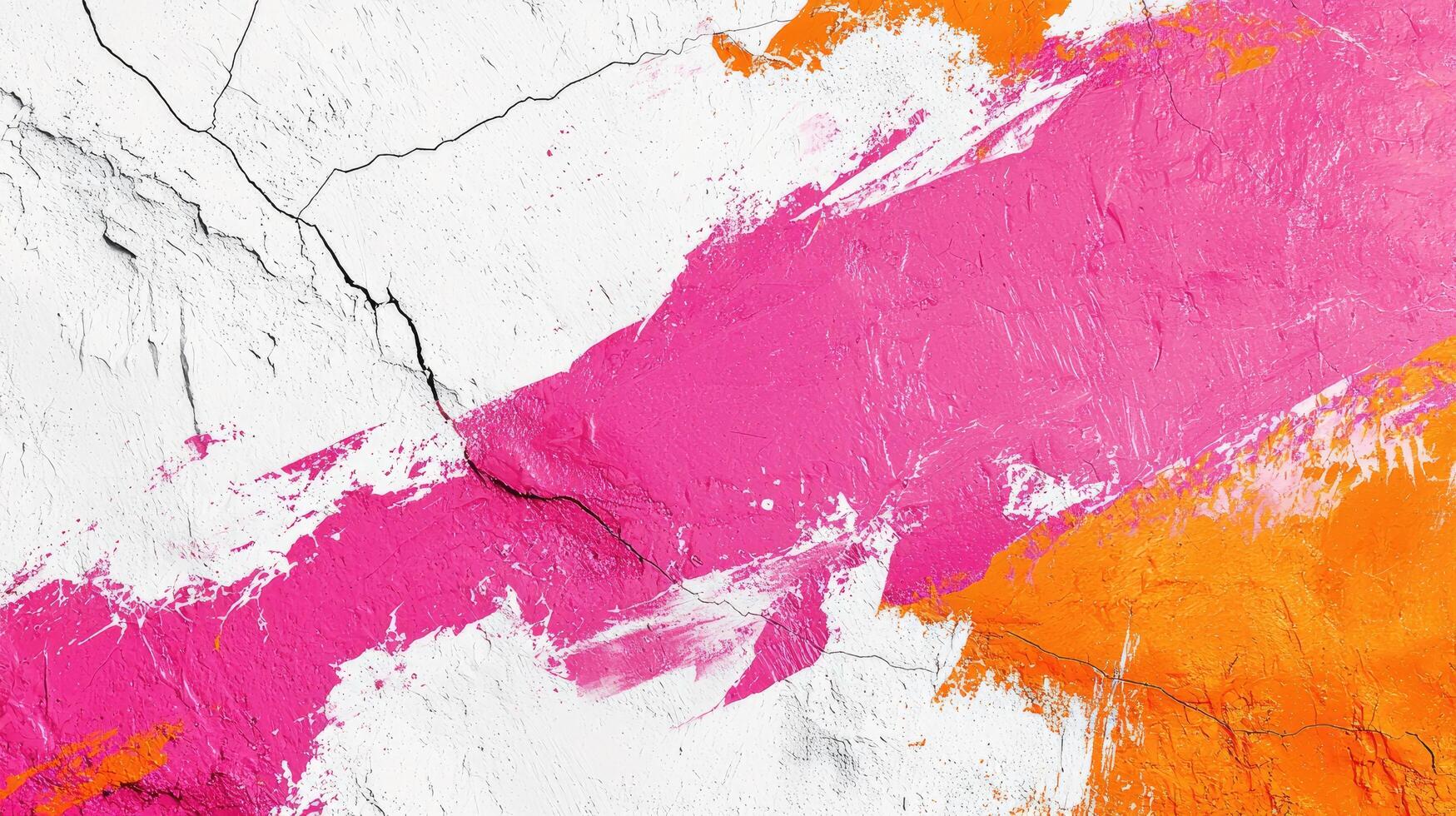 Abstract Pink Orange Paint Strokes on Cracked White Wall photo