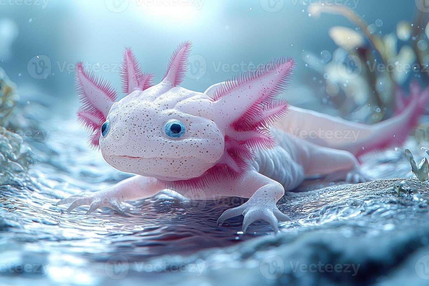A Pale Pink Axolotl Rests Near Water photo