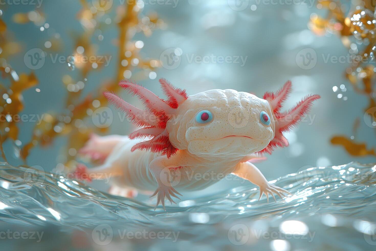 An axolotl swims gracefully in aquatic plants photo