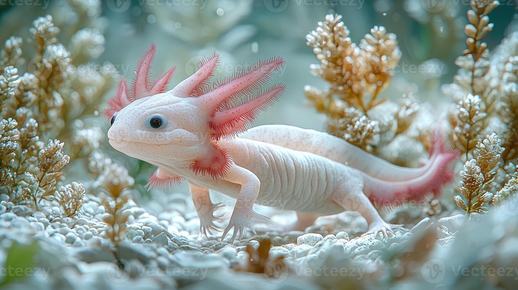 Albino Axolotl in Aquatic Environment Among Plants photo