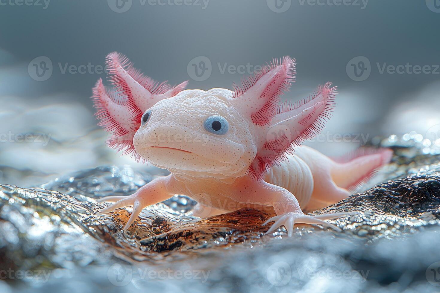 A Pale Axolotl Perched on a Glittering Rock photo