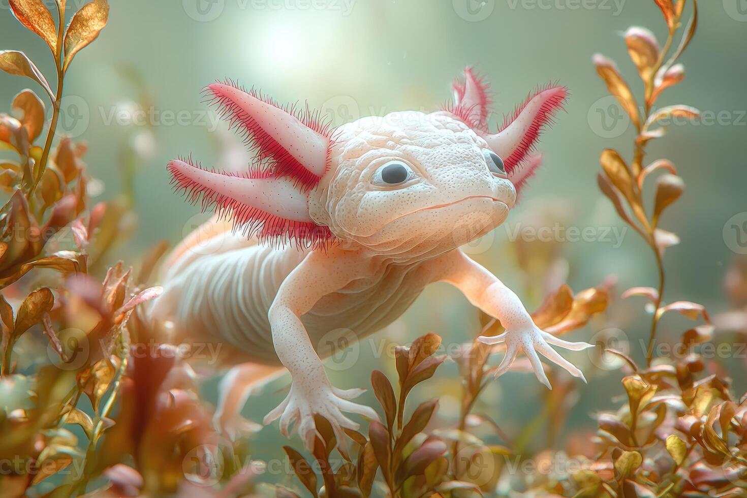 An Albino Axolotl in Aquatic Vegetation photo