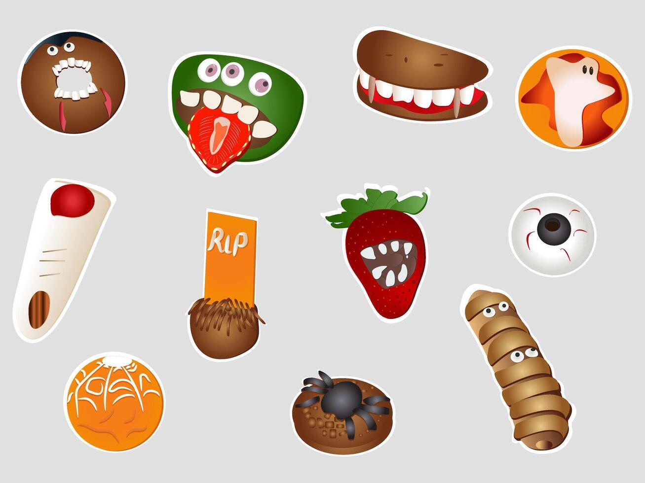 Halloween stickers desserts chocolate of spider cookie, spooky strawberries, hot dog mummies, eye. vector