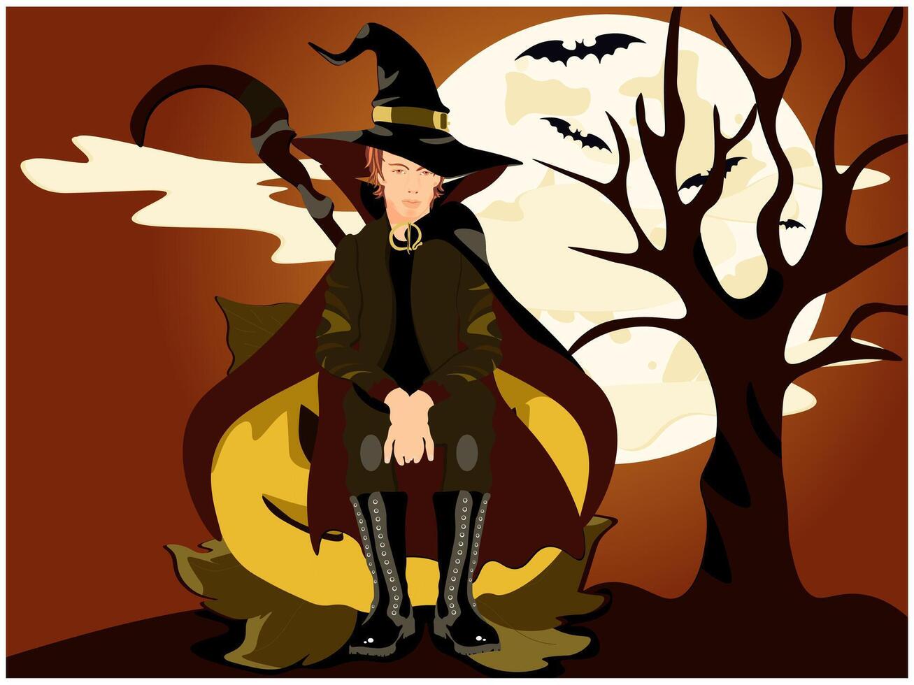 Halloween greeting card the witcher sits on a pumpkin. vector