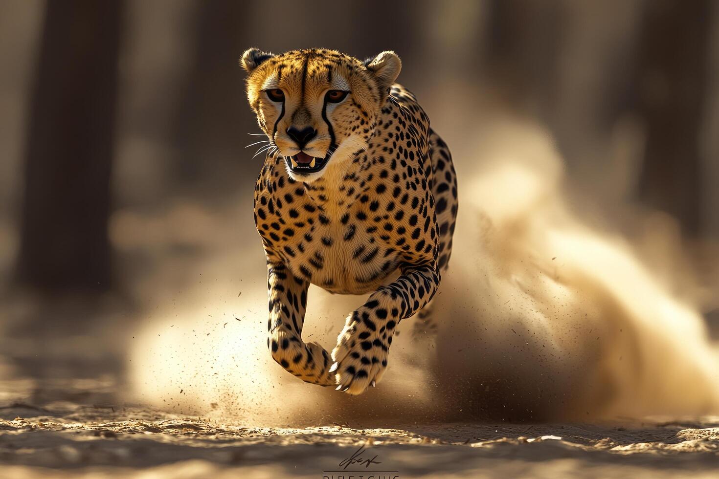 Cheetah Running Swiftly Through Desert Dust photo