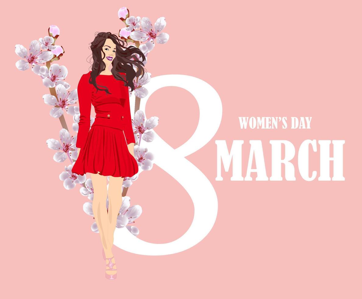 Girl and blooming cherry on the pink background vector