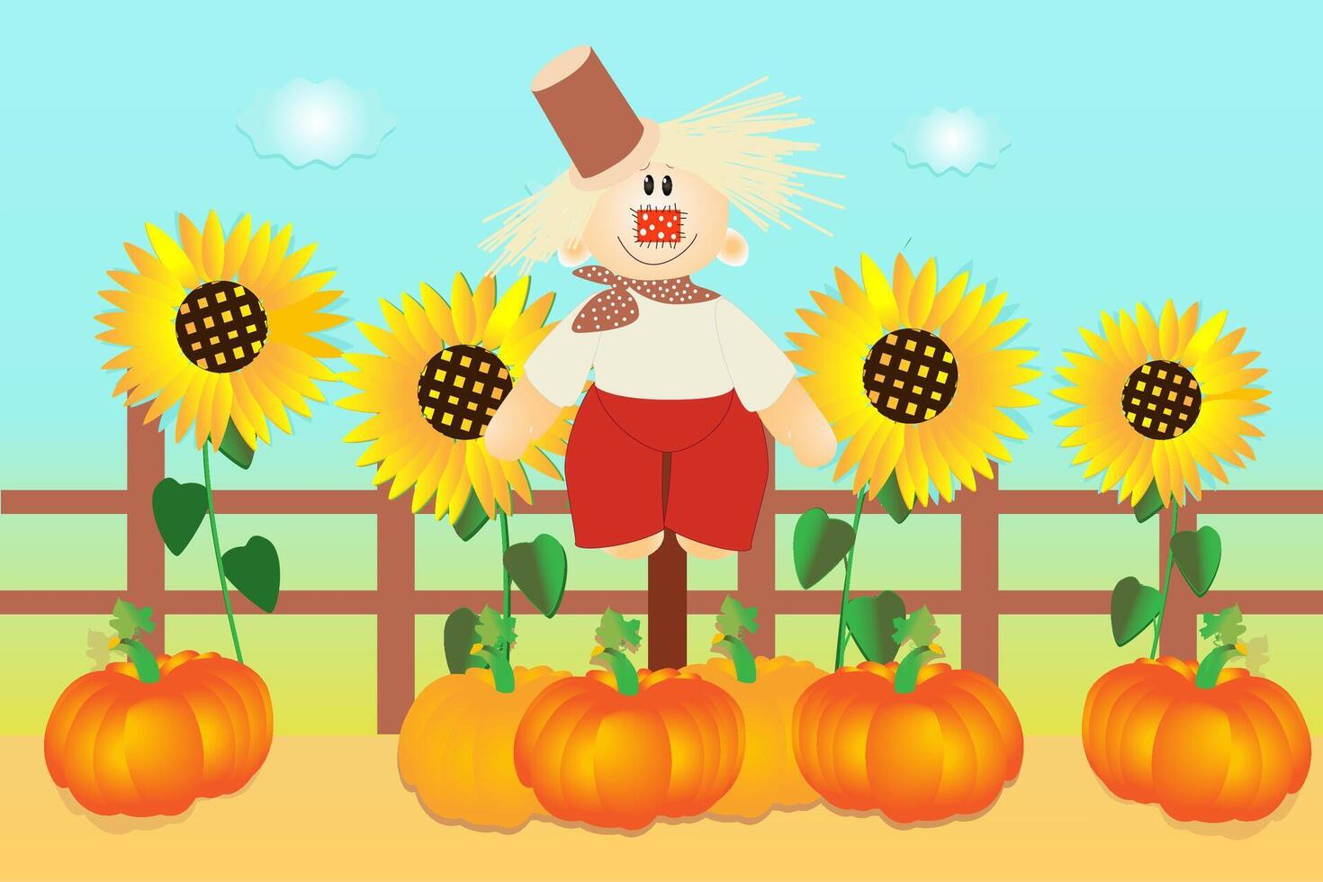 Scarecrow with pumpkins and sunflowers in an autumn scene vector