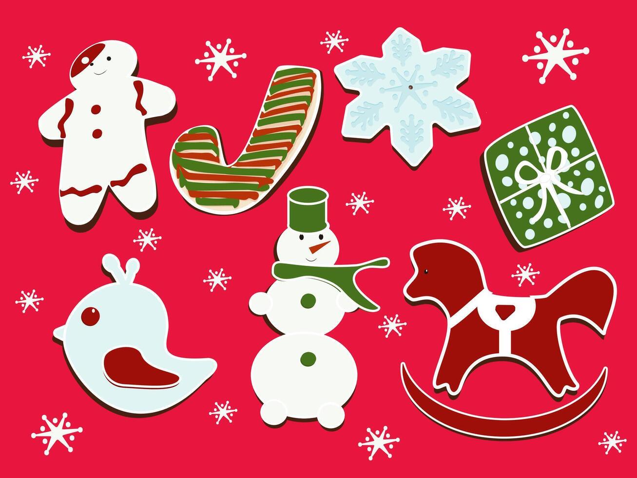 The gingerbread man, snowman, snowflake, baby gurney horse, present on the red backgraund. Set of Homemade Christmas cookies. Stikers. vector