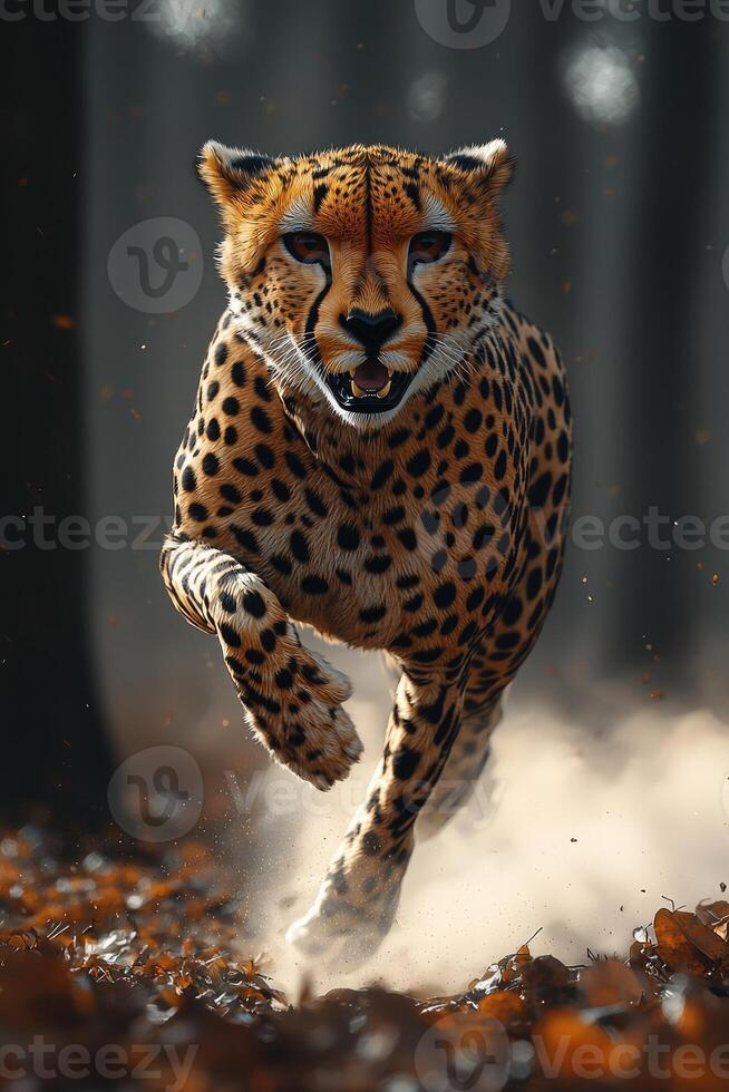 Cheetah Running Through Autumn Forest Leaves photo