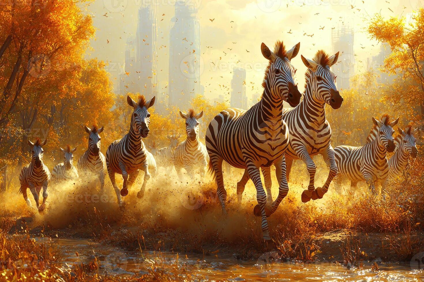Zebras Running Through Autumnal Landscape Towards City photo
