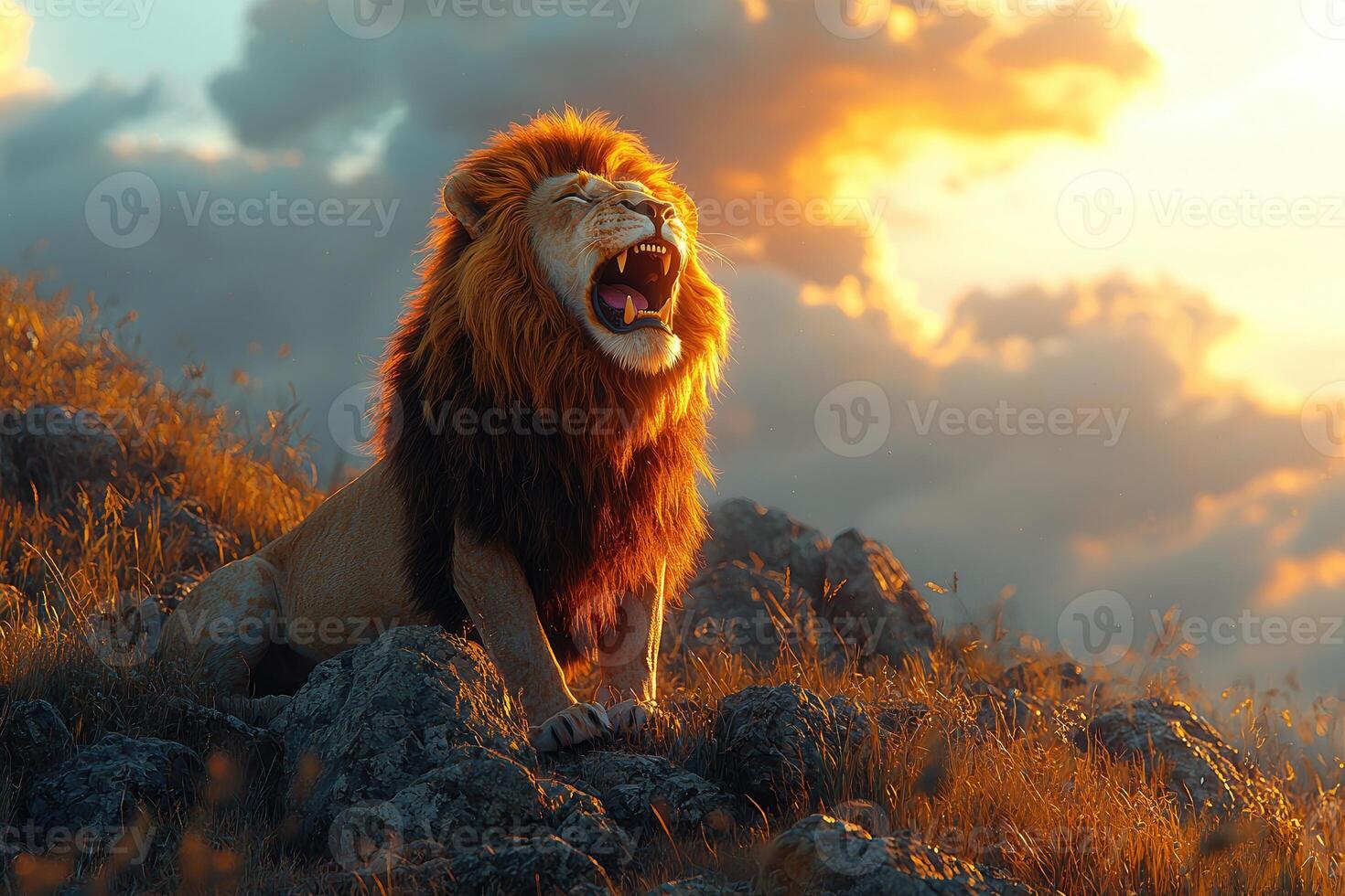 Majestic Lion Roaring at Golden Sunset Landscape photo