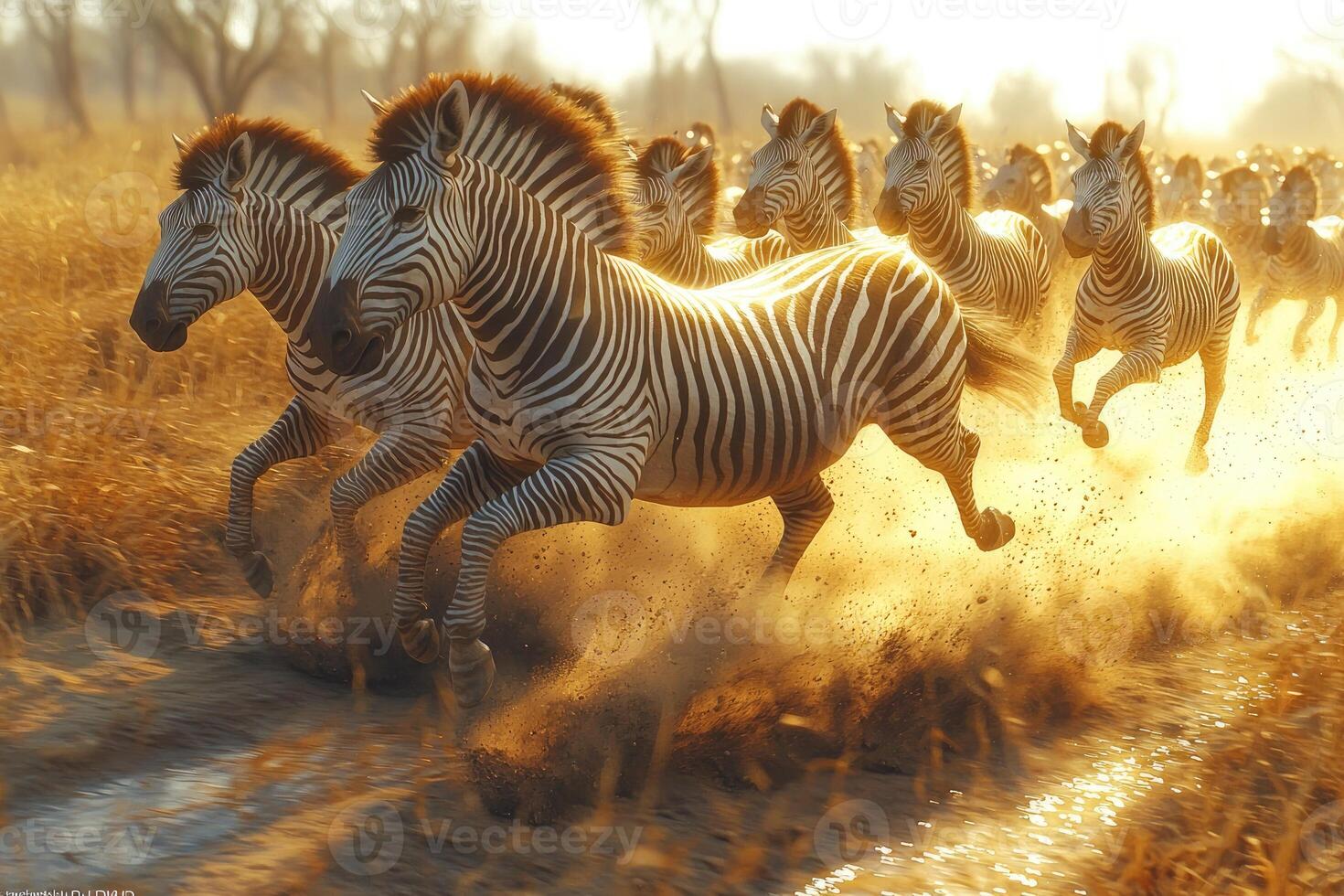 Zebras Running Through Golden Grassland At Sunset photo