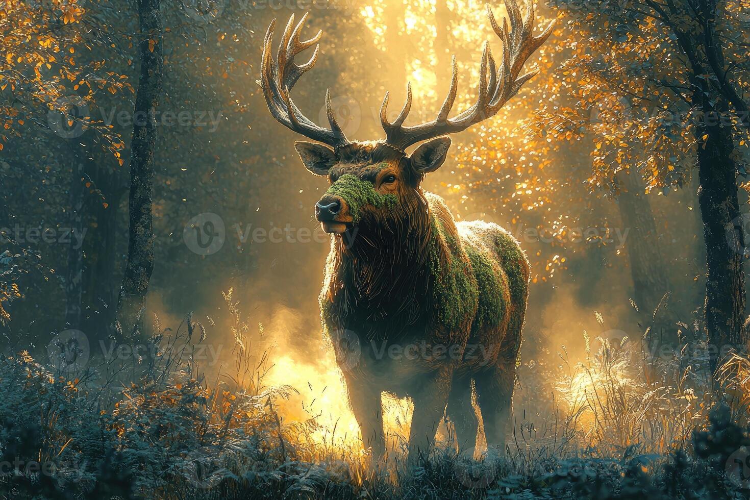 Majestic Moss Covered Deer in Autumn Forest Sunlight photo