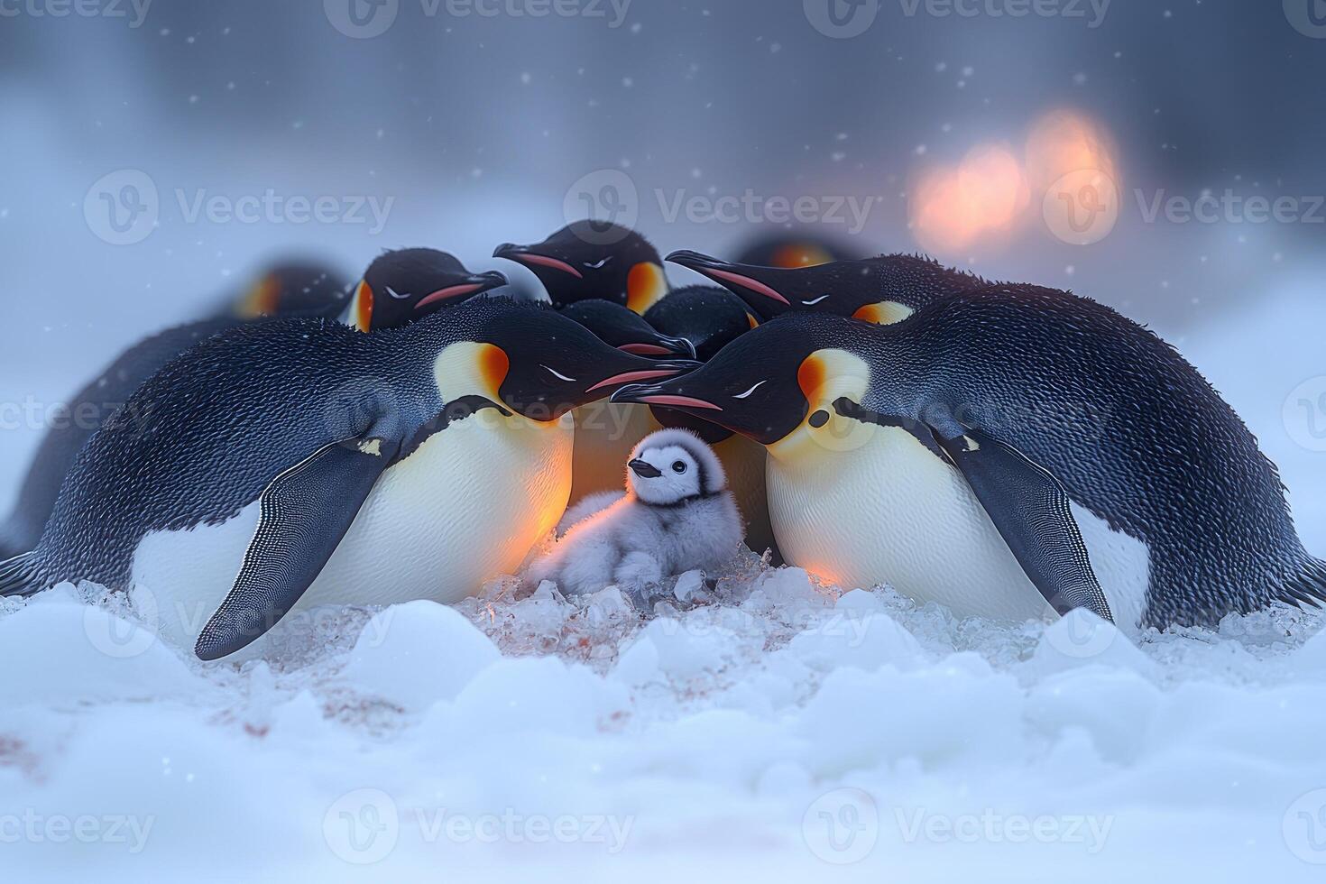 Emperor Penguins Huddle Protecting Chick In Snow photo