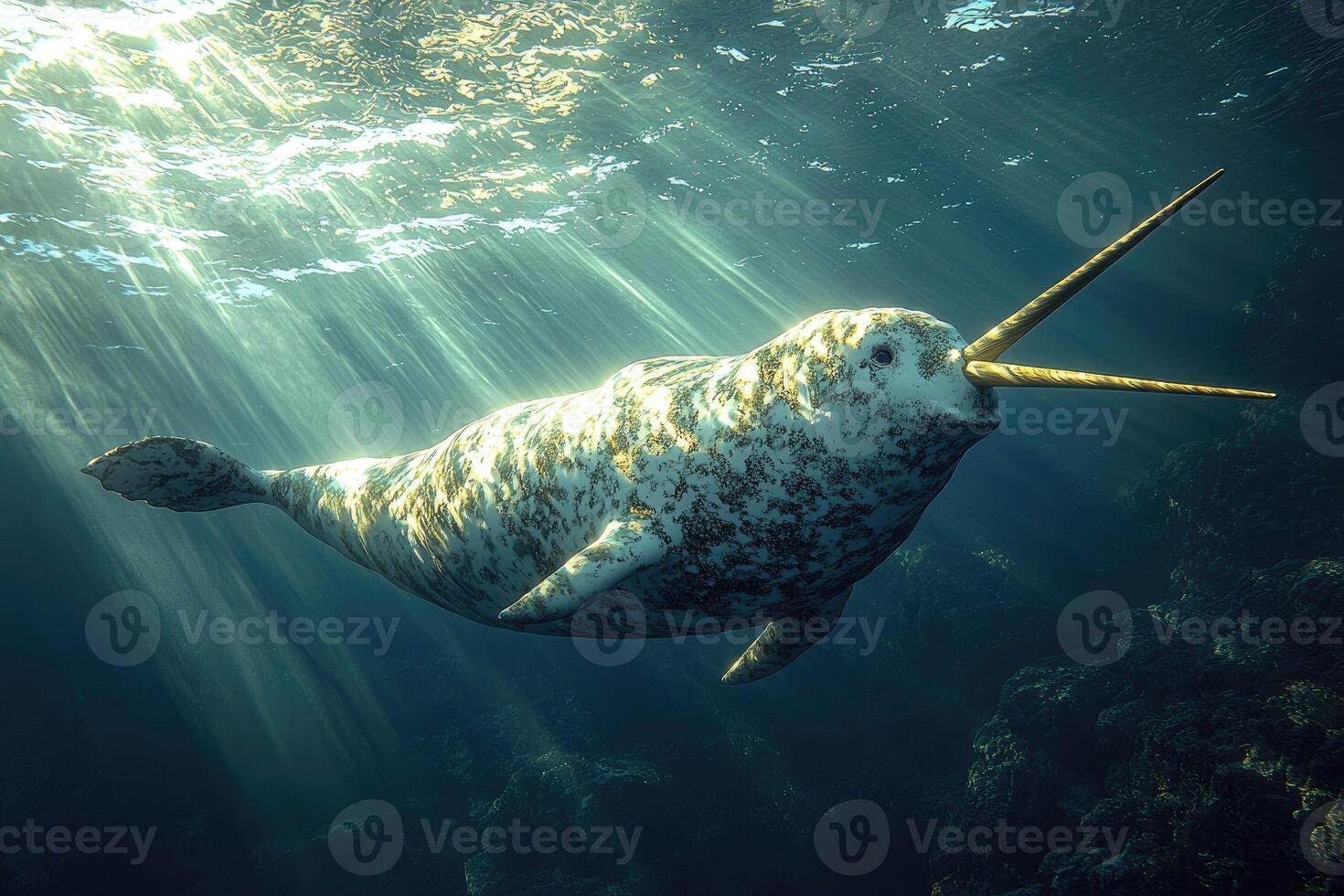 A majestic narwhal swims in sunlit ocean depths photo