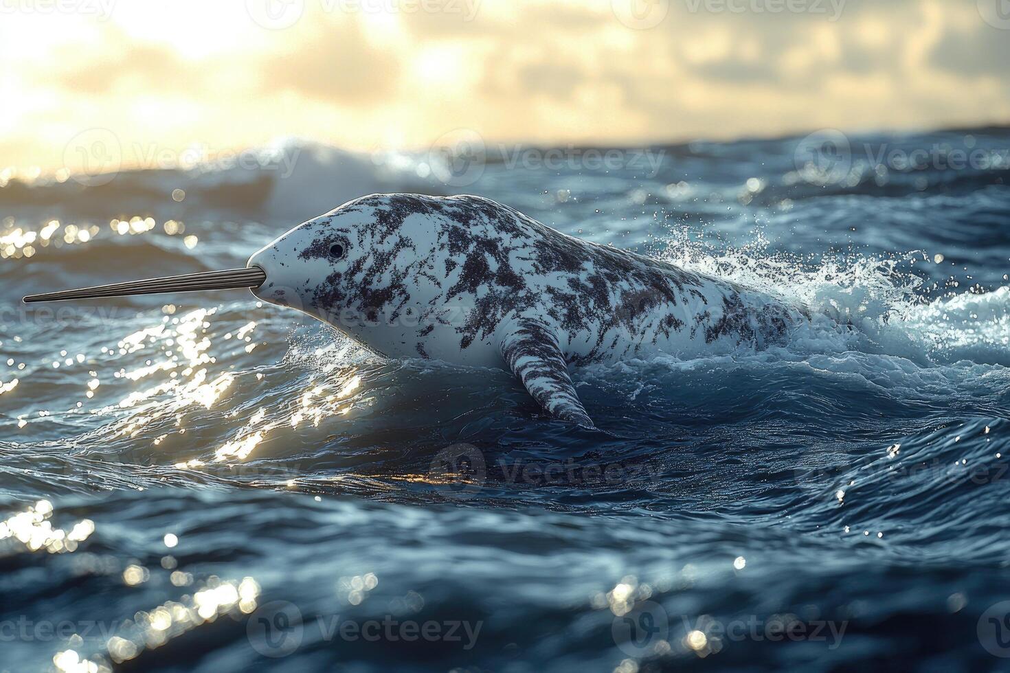 Narwhal swimming in ocean waves during sunset photo