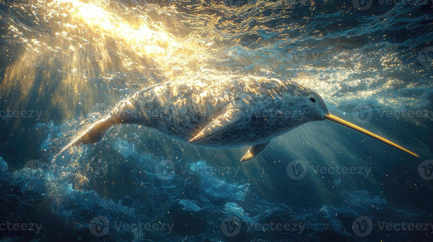 A Narwhal Swims Through Sunlit Ocean Depths photo