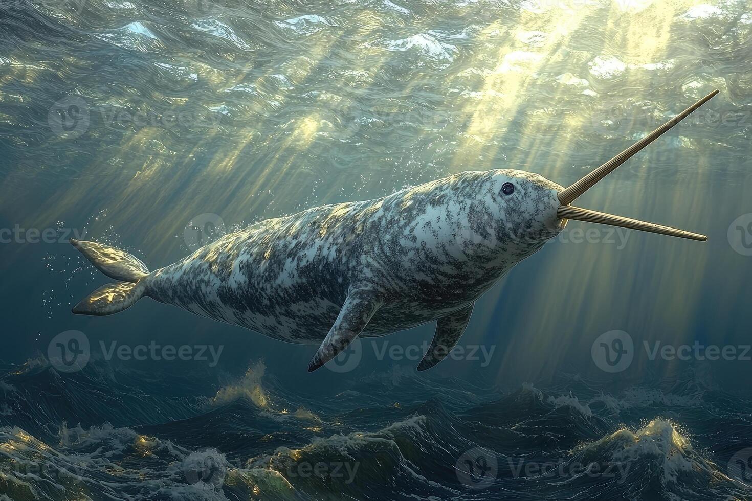 A narwhal swims gracefully beneath the ocean surface photo