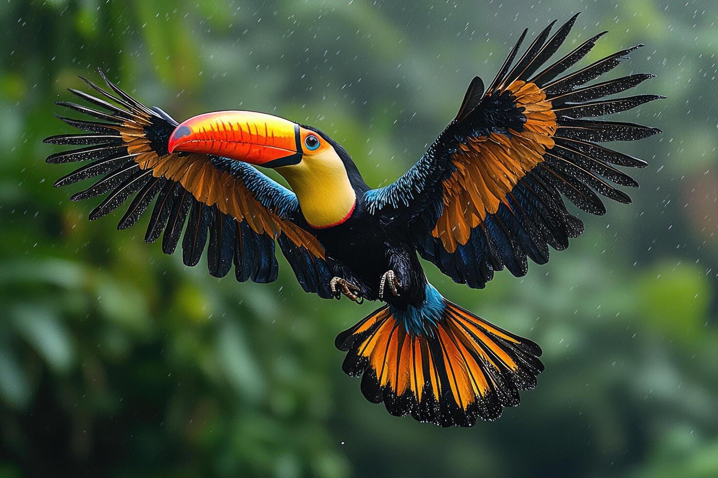 Colorful Toucan in Flight Through Rain photo