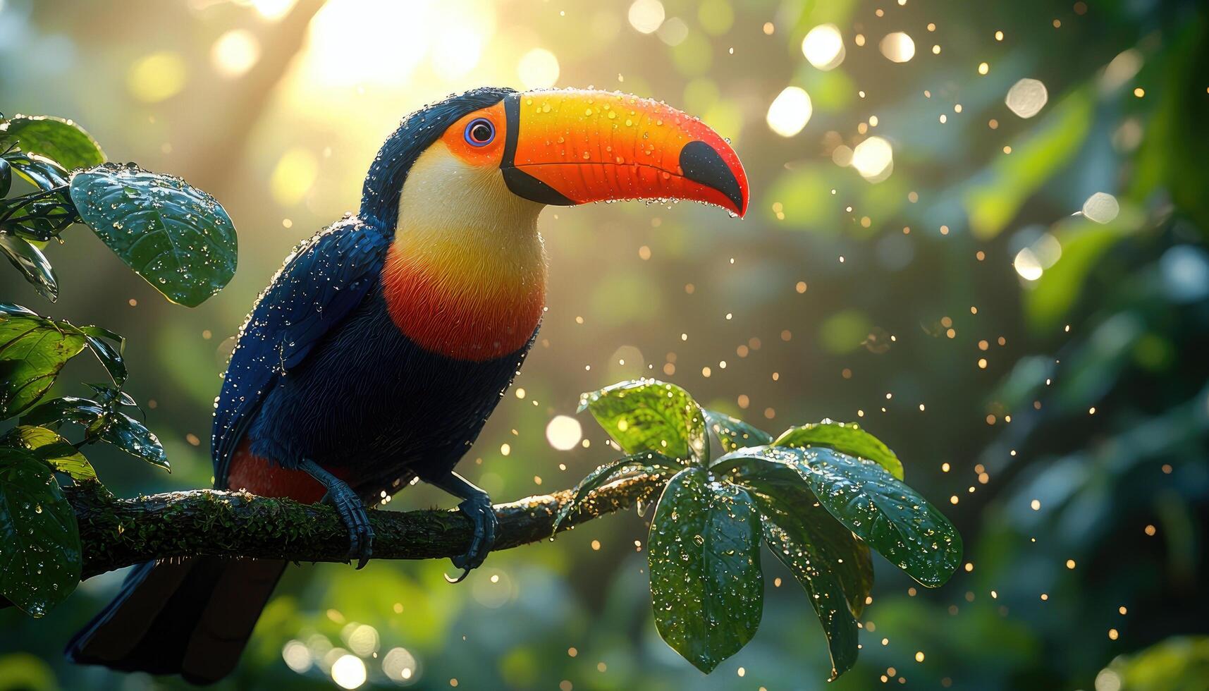 A Vibrant Toucan Perched on a Rain Soaked Branch photo
