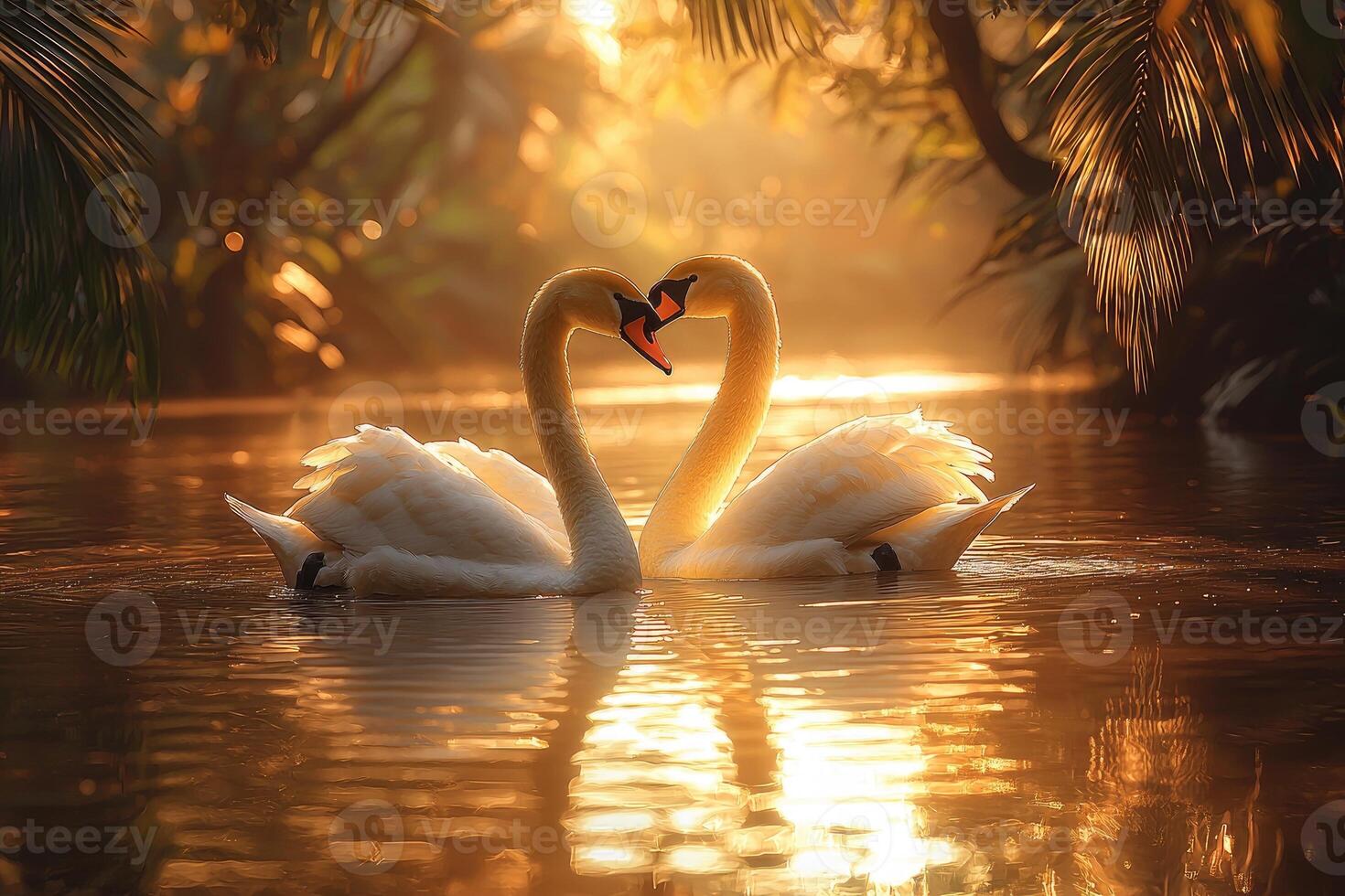 Two Swans Forming A Heart At Golden Sunset photo
