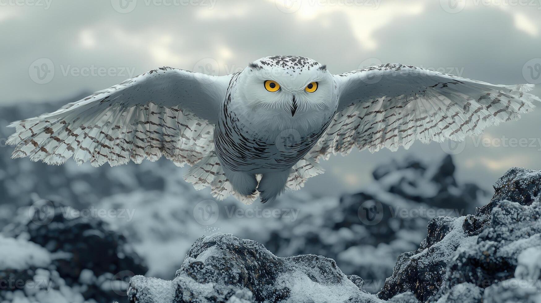 Snowy Owl in Flight Over a Winter Landscape photo