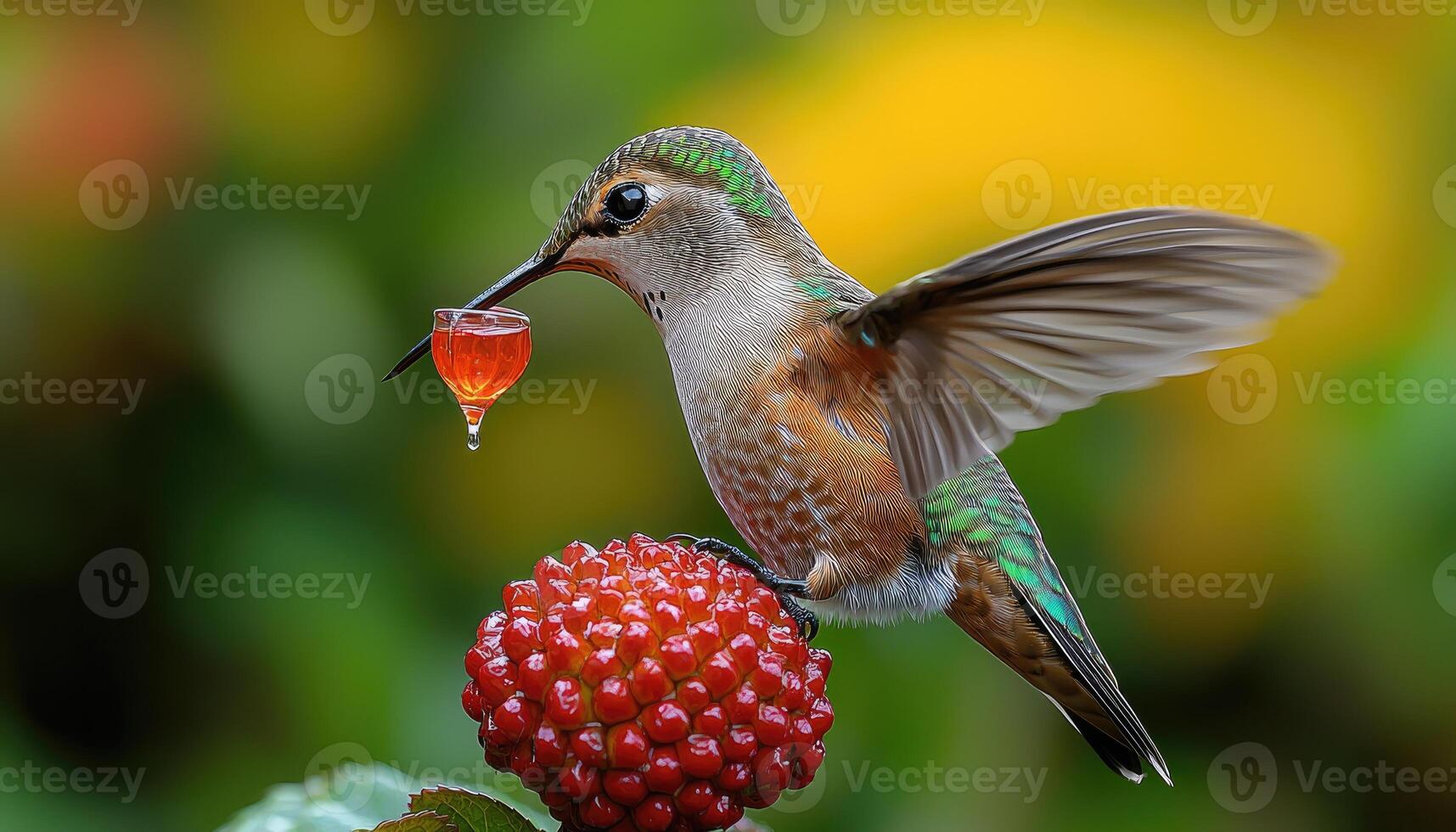 Hummingbird Sipping Nectar From Miniature Glass photo
